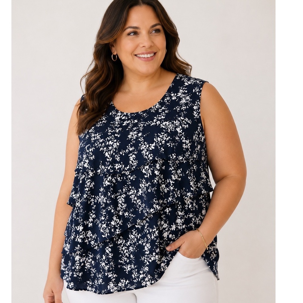Westport 1962 1X Navy White Floral Tiered Ruffle Sleeveless Blouse Plus